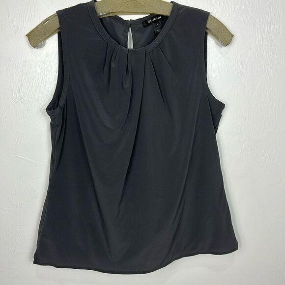 St. John Black Silk Blend Shirred Crew Neck Sleeveless Top Blouse Size 6 - Picture 1 of 8